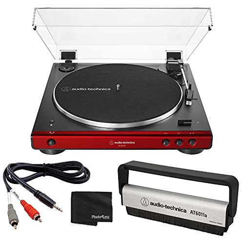 Audio-Technica AT-LP60XBT Stereo Turntable with Bluetooth (Red & Black) + Anti-Static Record Brush + 1/8 Inch Dual RCA Adapter Cable + Photo4Less Cleaning Cloth - Top Value Bundle