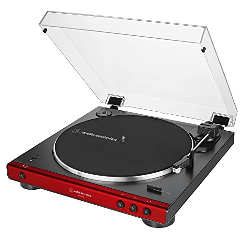 Audio-Technica AT-LP60XBT Stereo Turntable with Bluetooth (Red & Black) + Anti-Static Record Brush + 1/8 Inch Dual RCA Adapter Cable + Photo4Less Cleaning Cloth - Top Value Bundle