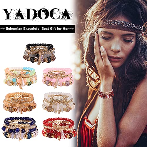 YADOCA 7 Sets Bohemian Stackable Beaded Bracelets for Women Men Boho Stretch Multilayered Bead Bangles Bracelet Set with Charm Multicolor Statement Jewelry