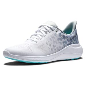 footjoy women's fj flex golf shoe, white/grey/leopard, 9