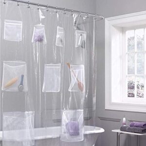 Mateda Waterproof Fabric Shower Curtain or Liner Bath Organizer with 9 Mesh Pockets (Clear)