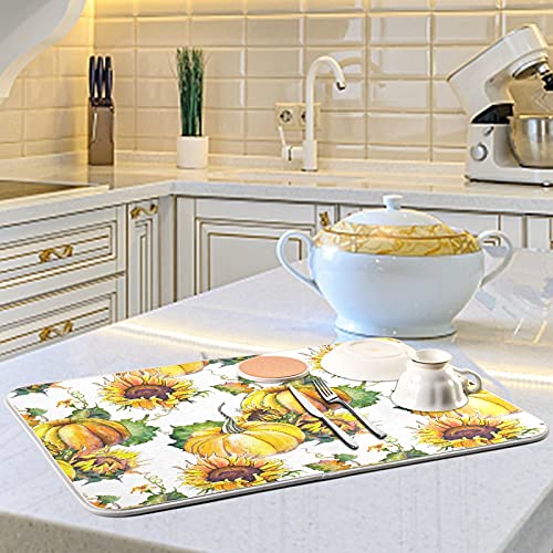 susiyo Autumn Pumpkins Sunflowers Dish Drying Mat for Kitchen, 18x24 inch Absorbent Dishes Drainer Pad for Kitchen Countertop