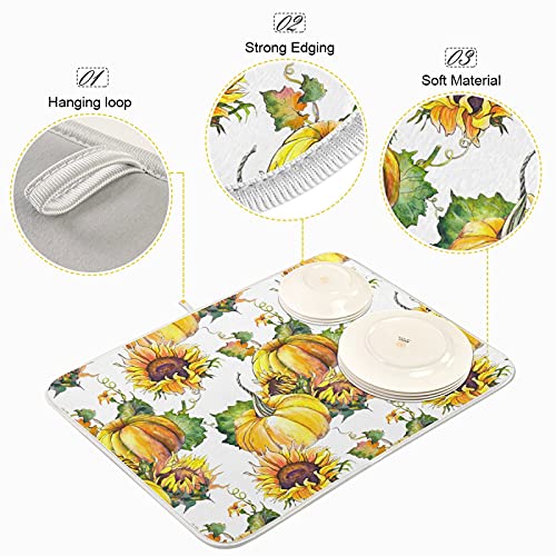 susiyo Autumn Pumpkins Sunflowers Dish Drying Mat for Kitchen, 18x24 inch Absorbent Dishes Drainer Pad for Kitchen Countertop