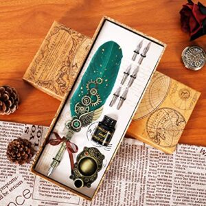 Aifeiter Feather Pen Set,Calligraphy Pen Set Includes Quill Pen,wooden dip pen,6 Replacement Nibs, Pen Stand Base,15ml Ink,Fancy Pen Luxury Vintage Signature Pen-Green