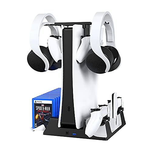 JOYTORN PS-5 Vertical Stand with Cooling Fan and Dual Controller Charger Station for Playstation 5 Console, PS-5 Charging Dock Station with Headset Hooker,14 Game Rack Storage, Media Remote Organizer