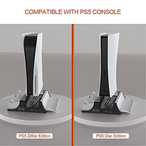 JOYTORN PS-5 Vertical Stand with Cooling Fan and Dual Controller Charger Station for Playstation 5 Console, PS-5 Charging Dock Station with Headset Hooker,14 Game Rack Storage, Media Remote Organizer