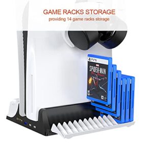 JOYTORN PS-5 Vertical Stand with Cooling Fan and Dual Controller Charger Station for Playstation 5 Console, PS-5 Charging Dock Station with Headset Hooker,14 Game Rack Storage, Media Remote Organizer