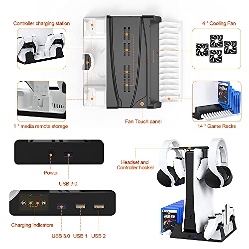 JOYTORN PS-5 Vertical Stand with Cooling Fan and Dual Controller Charger Station for Playstation 5 Console, PS-5 Charging Dock Station with Headset Hooker,14 Game Rack Storage, Media Remote Organizer