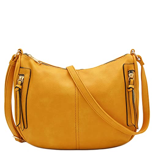 FashionPuzzle Faux Leather Two Front Zipper Pocket Crossbody Saddle Bag (Mustard) One Size