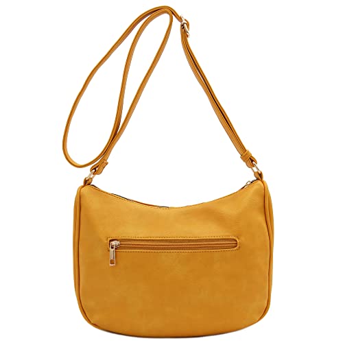 FashionPuzzle Faux Leather Two Front Zipper Pocket Crossbody Saddle Bag (Mustard) One Size