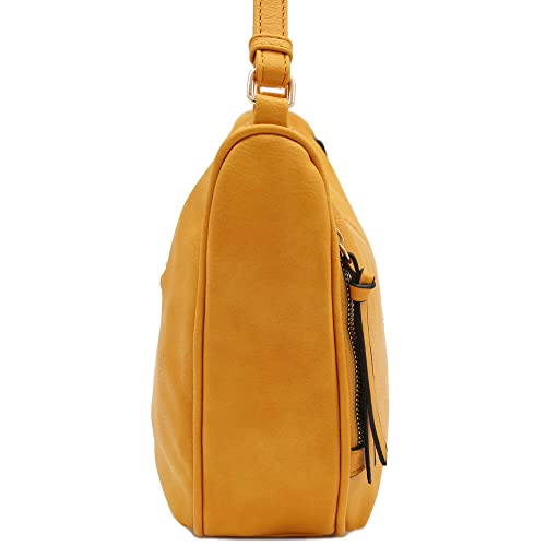 FashionPuzzle Faux Leather Two Front Zipper Pocket Crossbody Saddle Bag (Mustard) One Size