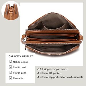 DAVID - JONES INTERNATIONAL. Lightweight Convertible Crossbody Bag Shoulder Bag with 3 Zip Pockets,Vegan Leather Soft Casual Travel Handbags,Small Size Brown Women Purse