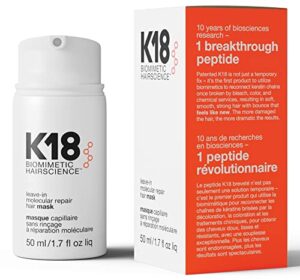 k18 leave-in molecular repair hair mask treatment to repair damaged hair - 4 minutes to reverse damage from bleach, color, chemical services, 50 ml