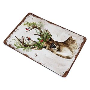 Graman Winter Metal Deer Vintage Tin Sign Christmas Holly Home Decor Cabin Wall Sign Decor Watercolor Rustic Deer Winter Wall Art Sign 8x5.5 Inch