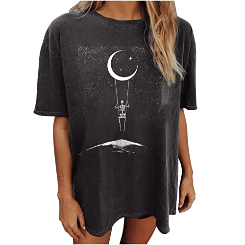 GTEUKTG Summer Y2k Tops for Women, Casual Vintage Skull Short Sleeve T-Shirt, Oversize Loose Crewneck Elastic Black Tees, A04#Dark Gray, X-Large