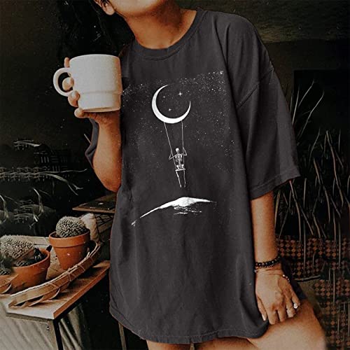 GTEUKTG Summer Y2k Tops for Women, Casual Vintage Skull Short Sleeve T-Shirt, Oversize Loose Crewneck Elastic Black Tees, A04#Dark Gray, X-Large