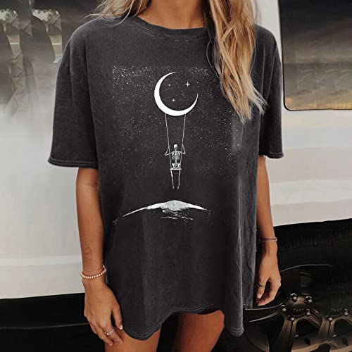 GTEUKTG Summer Y2k Tops for Women, Casual Vintage Skull Short Sleeve T-Shirt, Oversize Loose Crewneck Elastic Black Tees, A04#Dark Gray, X-Large