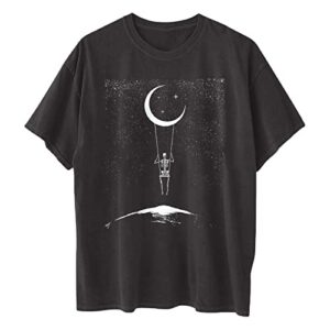 GTEUKTG Summer Y2k Tops for Women, Casual Vintage Skull Short Sleeve T-Shirt, Oversize Loose Crewneck Elastic Black Tees, A04#Dark Gray, X-Large