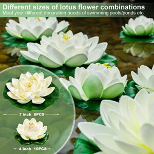 16Pcs Artificial Floating Pool Flowers, Ivory White Plastic Lotus Flower with Water Lily Pads, Pond Pool Lotus Ornaments for Patio Garden Aquarium Home Party Wedding Decor