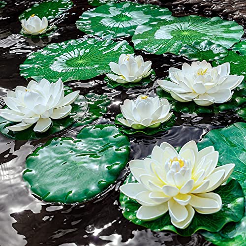 16Pcs Artificial Floating Pool Flowers, Ivory White Plastic Lotus Flower with Water Lily Pads, Pond Pool Lotus Ornaments for Patio Garden Aquarium Home Party Wedding Decor