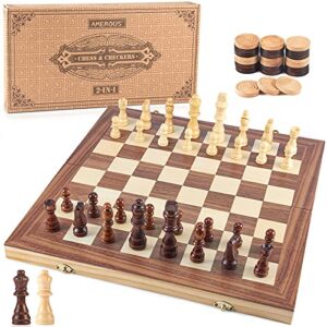 amerous 15'' wooden chess & checkers set, 2 in 1 board games -2 extra queens -24 cherkers pieces - gift box packed - chessmen storage slots, beginner chess set for kids and adults