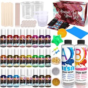 resinfans epoxy resin with 24 vibrant colors alcohol ink - all in one beginner high concentrated alcohol based ink gold flakes art and craft supplies wooden mixing sticks plastic cups glitters