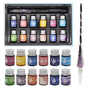 xiaoyu mermaid story glass pen, mermaid story glass dip pen ink set, mermaid story calligraphy dip pens, starry sky crystal calligraphy pen and ink set with 12 colorful inks, purple