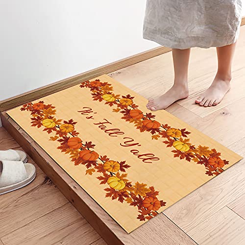 Indoor Doormat Welcome Mat, Thanksgiving It's Fall Y'all Pumpkin Maple Leaf Orange Low Profile Floor Mat Non Slip Front Doormat Rugs for Entryway,Patio,High Traffic Areas, 16"x24"