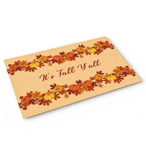 Indoor Doormat Welcome Mat, Thanksgiving It's Fall Y'all Pumpkin Maple Leaf Orange Low Profile Floor Mat Non Slip Front Doormat Rugs for Entryway,Patio,High Traffic Areas, 16"x24"