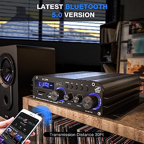 Facmogu S-299 4.1CH Bluetooth Power Amplifier with Active Subwoofer Output Max 800W RMS 40Wx4 Subwoofer Amplifier Hi-Fi Integrated Mini Speaker Amp Audio Sub Bass Amp Remote Control & 12V Power Supply