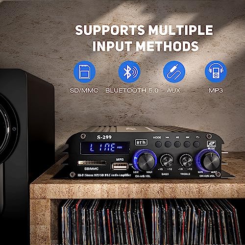 Facmogu S-299 4.1CH Bluetooth Power Amplifier with Active Subwoofer Output Max 800W RMS 40Wx4 Subwoofer Amplifier Hi-Fi Integrated Mini Speaker Amp Audio Sub Bass Amp Remote Control & 12V Power Supply