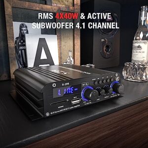 Facmogu S-299 4.1CH Bluetooth Power Amplifier with Active Subwoofer Output Max 800W RMS 40Wx4 Subwoofer Amplifier Hi-Fi Integrated Mini Speaker Amp Audio Sub Bass Amp Remote Control & 12V Power Supply