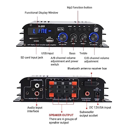 Facmogu S-299 4.1CH Bluetooth Power Amplifier with Active Subwoofer Output Max 800W RMS 40Wx4 Subwoofer Amplifier Hi-Fi Integrated Mini Speaker Amp Audio Sub Bass Amp Remote Control & 12V Power Supply