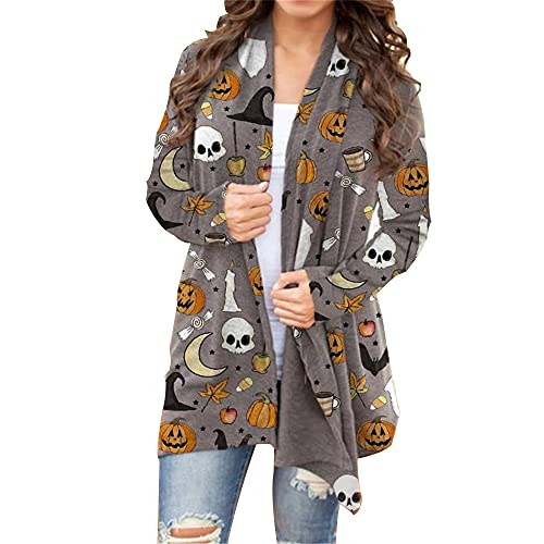 Women's Halloween Pumpkin Cat Print Knitting Cardigan Long Sleeve Open Front Knitted Sweater Outwear Coat Tops (Light Gray, X-Large)