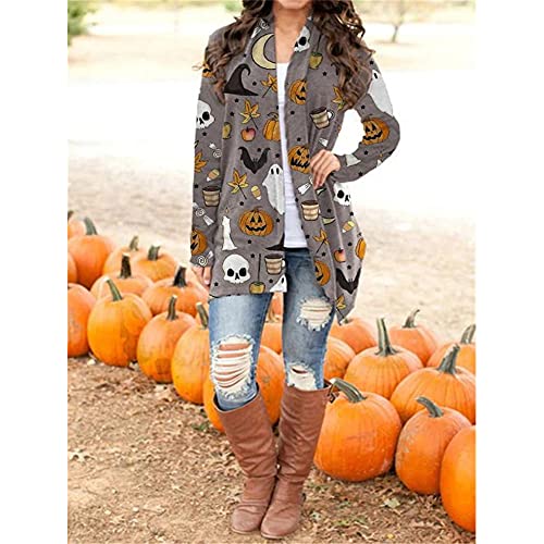 Women's Halloween Pumpkin Cat Print Knitting Cardigan Long Sleeve Open Front Knitted Sweater Outwear Coat Tops (Light Gray, X-Large)