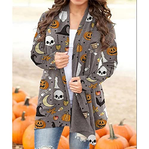 Women's Halloween Pumpkin Cat Print Knitting Cardigan Long Sleeve Open Front Knitted Sweater Outwear Coat Tops (Light Gray, X-Large)