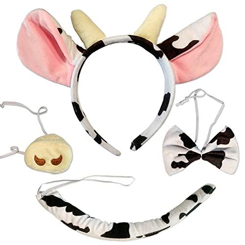 JIALWEN Animal Costume 4 Pieces Set Cow Ears Headband Nose Bowtie and Tail Party Cosplay Halloween Dress Up Accessories