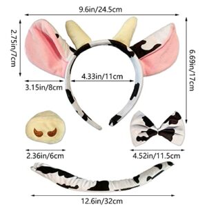 JIALWEN Animal Costume 4 Pieces Set Cow Ears Headband Nose Bowtie and Tail Party Cosplay Halloween Dress Up Accessories