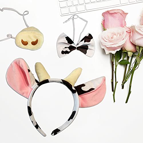 JIALWEN Animal Costume 4 Pieces Set Cow Ears Headband Nose Bowtie and Tail Party Cosplay Halloween Dress Up Accessories