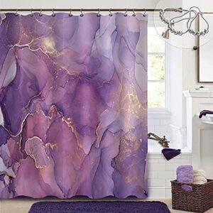 gibelle purple marble shower curtain, abstract lavender gold fabric shower curtains for bathroom, modern elegant ombre watercolor ink art decor bathroom curtains shower set with hooks, 72 x 72