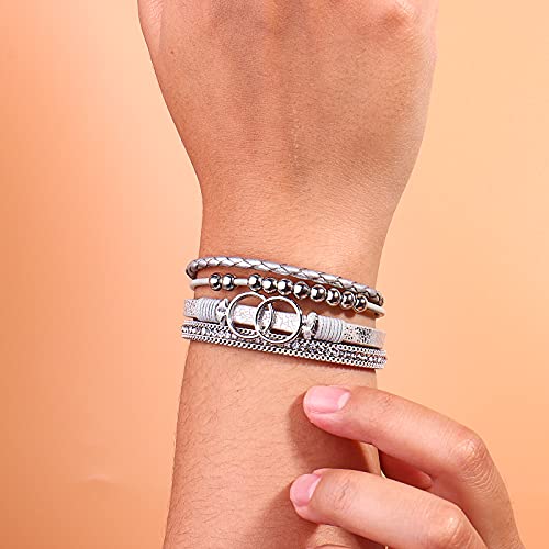 FANCY SHINY Boho Wrap Bracelets Leather Cuff Bangle Gold Beaded Bracelets for Women Stackable Infinity Bracelets Jewelry with Clasp(Silver)