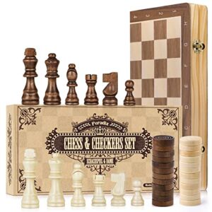 peradix 15" wooden chess and checkers set, magnetic chess sets - 2 extra queens, 2 in 1 board games with folding board and chessmen storage slots, beginner chess set for adults kids, gift box packed