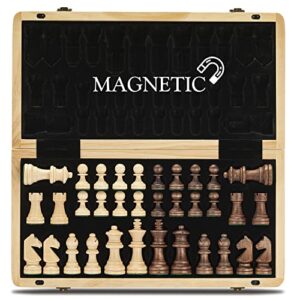 a&a 15 inch foldable wooden magnetic chess set w/ 3 inch king height staunton chess pieces - pine box w/mahogany & maple inlay
