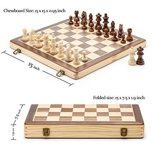 A&A 15" Magnetic Wooden Chess Set/Folding Board / 3" King Height German Knight Staunton Chess Pieces/Walnut & Maple Inlaid /2 Extra Queen/Board Games Chess Sets for Adults and Kids