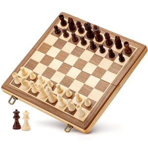 A&A 15" Magnetic Wooden Chess Set/Folding Board / 3" King Height German Knight Staunton Chess Pieces/Walnut & Maple Inlaid /2 Extra Queen/Board Games Chess Sets for Adults and Kids