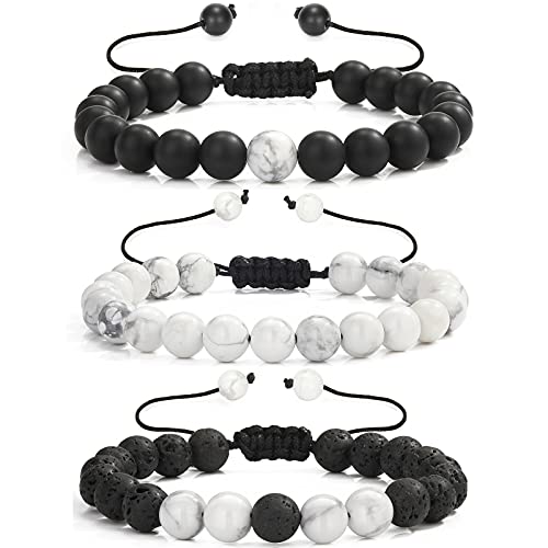 MengPa Beads Bracelets Mens Lava Rock Stone Beaded Anxiety Essential Oil Volcanic Bracelet Set Howlite-White US4557B