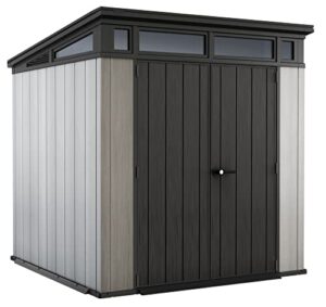 keter artisan 7x7 foot outdoor shed with floor-modern design for patio furniture lawn mower, tools, and bike storage, grey