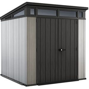 Keter Artisan 7x7 Foot Outdoor Shed with Floor-Modern Design for Patio Furniture Lawn Mower, Tools, and Bike Storage, Grey