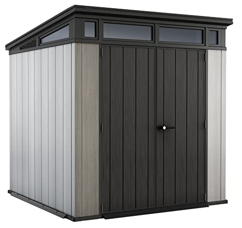 Keter Artisan 7x7 Foot Outdoor Shed with Floor-Modern Design for Patio Furniture Lawn Mower, Tools, and Bike Storage, Grey