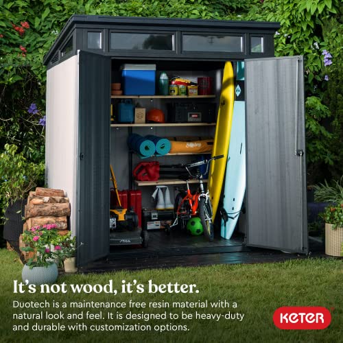 Keter Artisan 7x7 Foot Outdoor Shed with Floor-Modern Design for Patio Furniture Lawn Mower, Tools, and Bike Storage, Grey